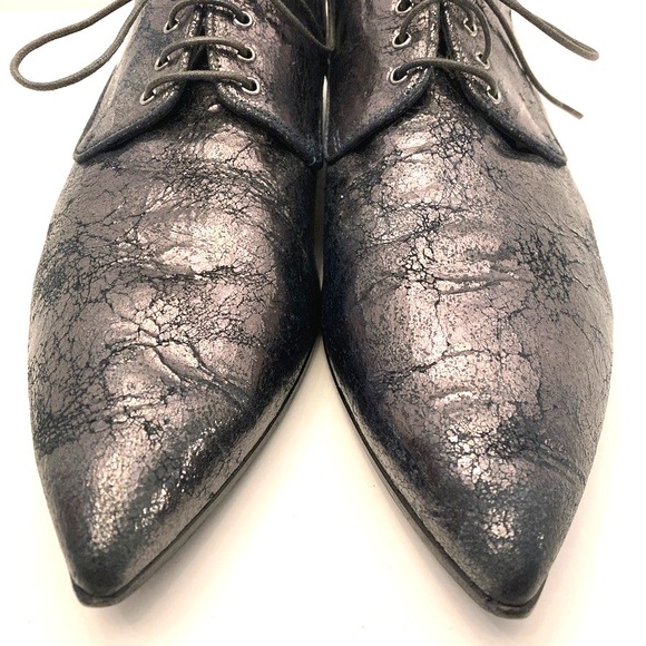 Miu Miu Oxford Lace Up Waxed Leather Metallic Crinkle Womens‎ 9.5 EU 39.5 - Picture 6 of 11